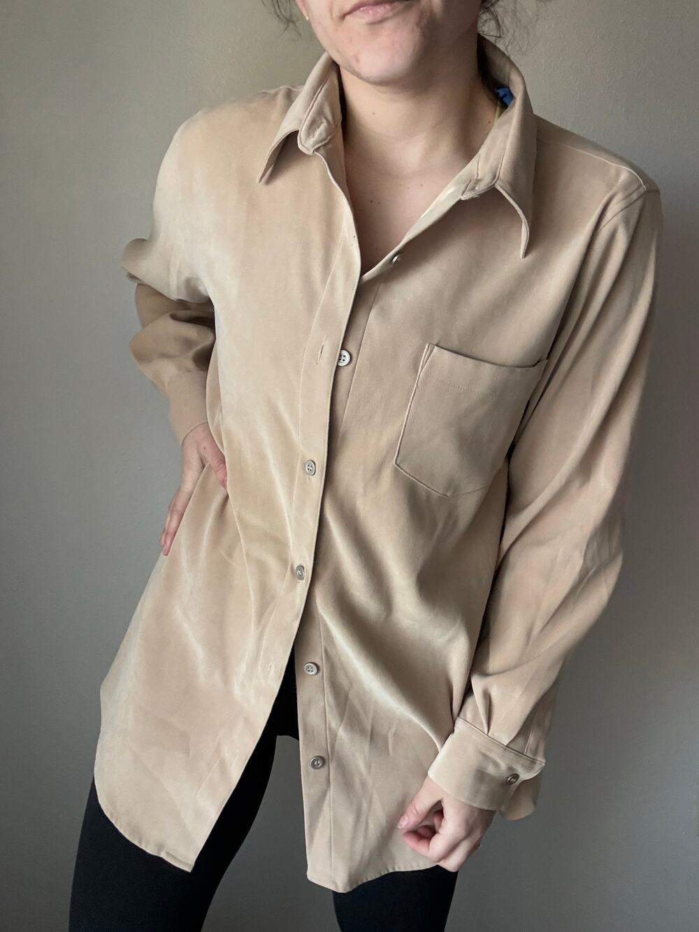 Vtg 90s Main Street Blues Tan suede button up minimalist neutral scandi boho